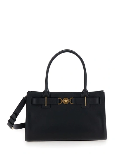 Shop Versace 'medusa 95' Black Tote Bag With Logo Detail In Smooth Leather Woman