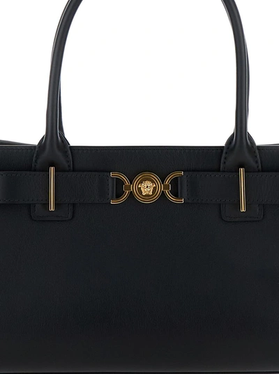 Shop Versace 'medusa 95' Black Tote Bag With Logo Detail In Smooth Leather Woman