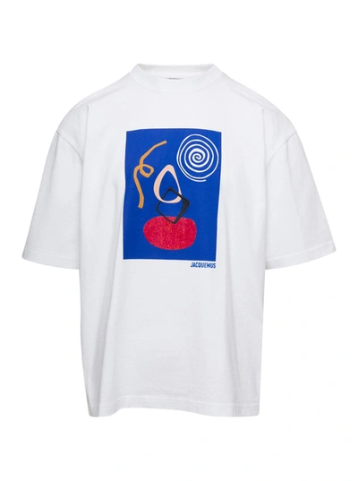 Shop Jacquemus White Crewneck 'le T-shirt Cuadro' With Abstract Print In Cotton Man