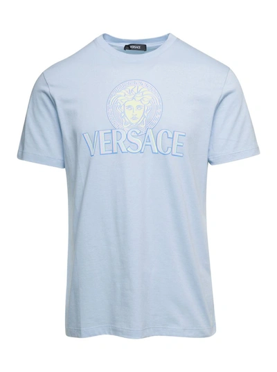 Shop Versace Light Blue 'medusa' T-shirt With Front Logo Print In Cotton Man