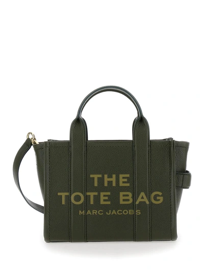 Shop Marc Jacobs 'the Mini Tote Bag' Green Shoulder Bag With Logo In Grainy Leather Woman
