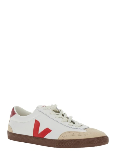 Shop Veja 'volley' White Low Top Sneakers With V Logo Detail In Leather And Suede Man