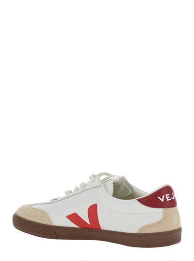 Shop Veja 'volley' White Low Top Sneakers With V Logo Detail In Leather And Suede Man