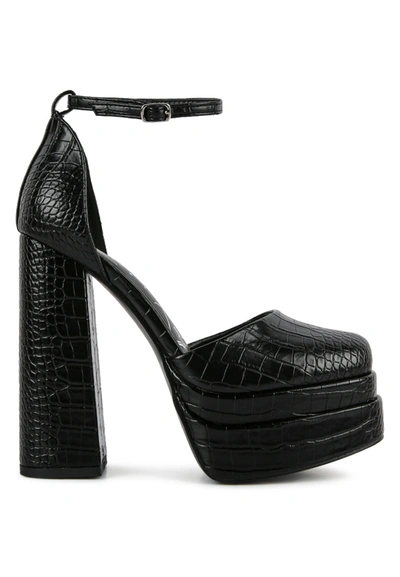 Shop London Rag Tempt Me Croc Textured High Heeled Block Sandals In Black