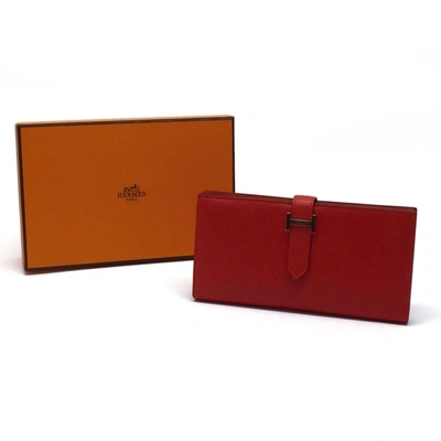Shop Hermes Béarn Leather Wallet () In Red