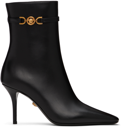 Versace Leather Booties With Logoed Strap And Stiletto Heel 9cm In 1b00v Black