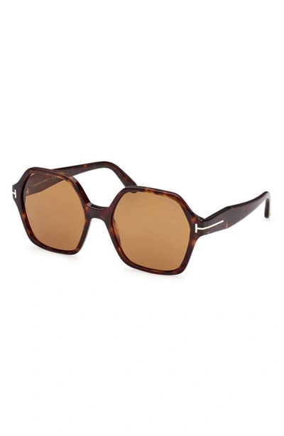 Tom Ford Romy 56mm Polarized Geometric Sunglasses In Shiny Dark Havana / Brown