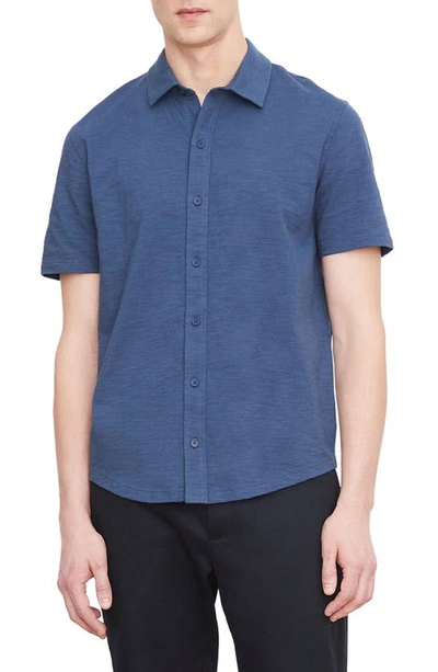 Shop Vince Short Sleeve Cotton Slub Button-up Shirt In Twilight Blue