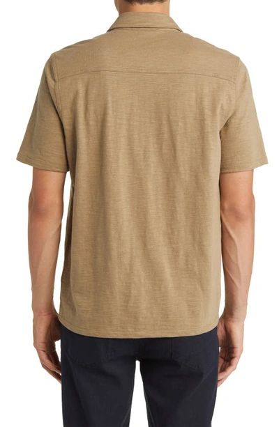 Shop Vince Short Sleeve Cotton Slub Button-up Shirt In Olive Moss