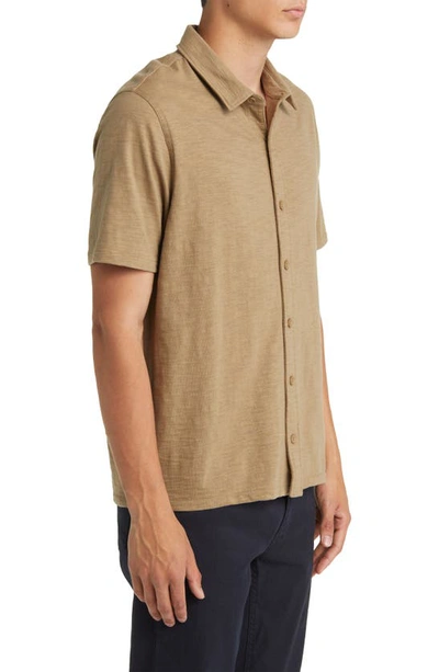 Shop Vince Short Sleeve Cotton Slub Button-up Shirt In Olive Moss