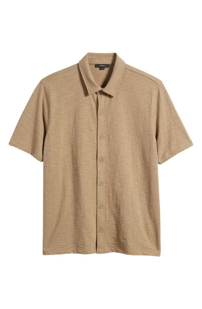 Shop Vince Short Sleeve Cotton Slub Button-up Shirt In Olive Moss