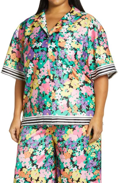 Shop Afrm Fabienne Neon Floral Print Oversize Satin Camp Shirt In Neon Garden W Stripe