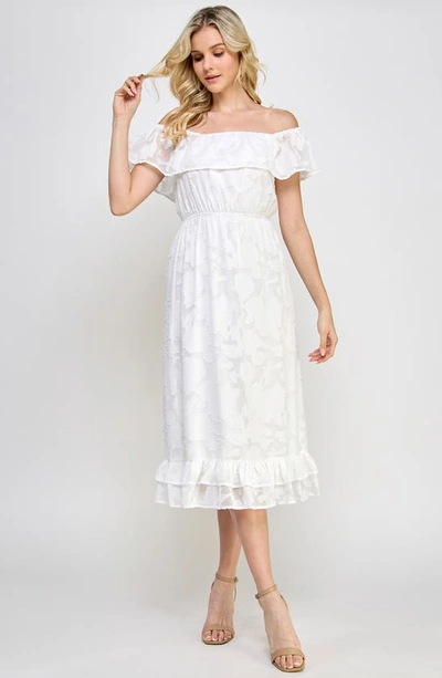 Shop Koko + Mason Off The Shoulder Floral Jacquard Midi Dress In White