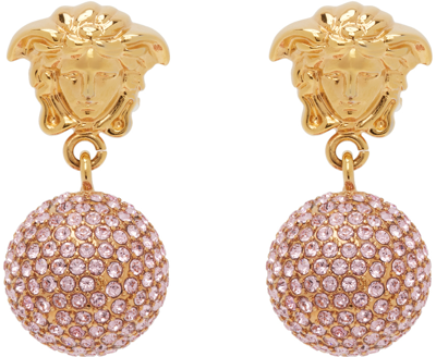 Shop Versace Gold & Pink Medusa Crystal Ball Earrings In 4j110-gold-rose