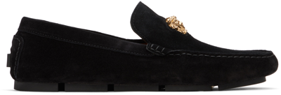 Shop Versace Black 'la Medusa' Suede Driver Loafers In Black- Gold