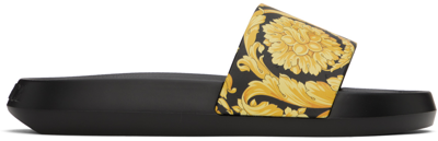 Shop Versace Black & Gold Barocco Slides In 5b000-black+gold
