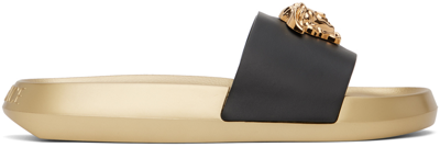 Shop Versace Black & Gold 'la Medusa' Slides In Black- Gold