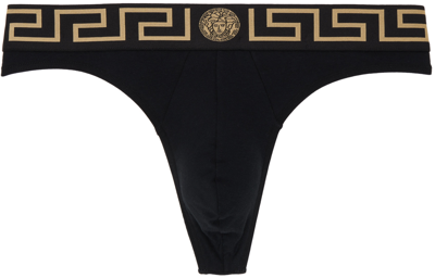 Shop Versace Black Greca Border Thong In A80g-black Gold Gree