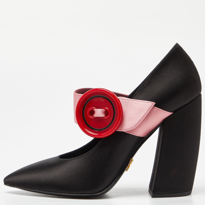 Pre-owned Prada Black/pink Satin Button Details Block Heel Pumps Size 37