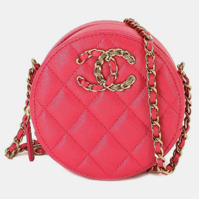 Pre-owned Chanel Pink Leather Round 19 Clutch With Chain