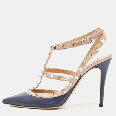 Pre-owned Valentino Garavani Navy Blue/dusty Pink Leather Rockstud Ankle Strap Pumps Size 39.5
