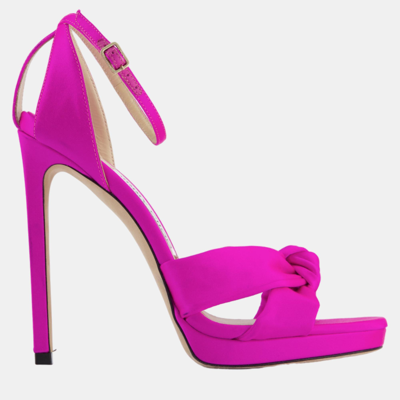 Pre-owned Jimmy Choo Fuchsia Satin Knot Detail Platform Strap Heels Size Eu 37.5 In Pink