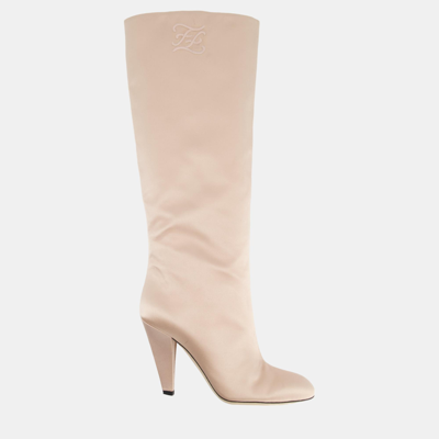 Pre-owned Fendi Blush Pink Satin Knee High Boots With Embroidered Ff Logo Size Eu 39