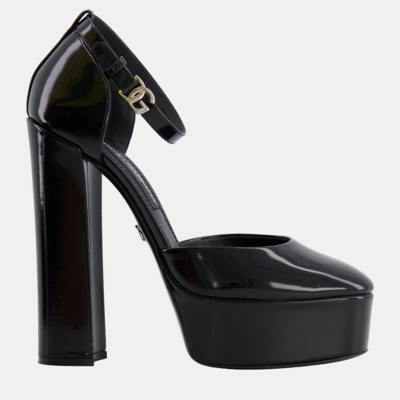 Pre-owned Dolce & Gabbana Black Patent Leather Platform With Logo Detail Size Eu 40