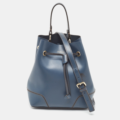 Pre-owned Furla Navy Blue Leather Stacy Drawstring Bucket Bag
