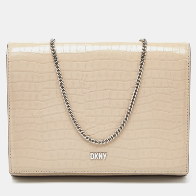 Pre-owned Dkny Beige Croc Embossed Leather Logo Flap Chain Shoulder Bag