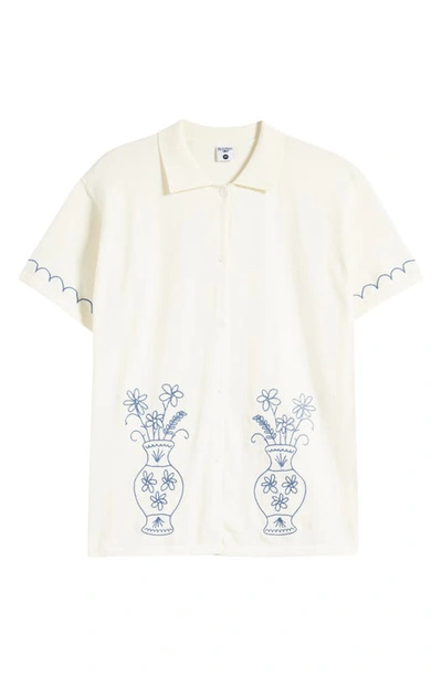 Shop Service Works Embroidered Vase Knit Short Sleeve Button-up Shirt In Off White
