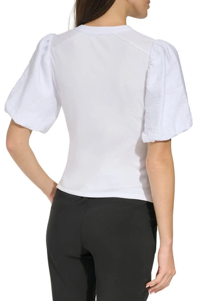 Shop Dkny Puff Sleeve Mixed Media Henley Top In White