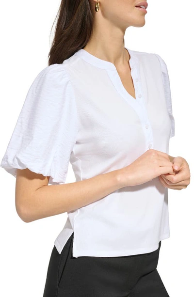 Shop Dkny Puff Sleeve Mixed Media Henley Top In White