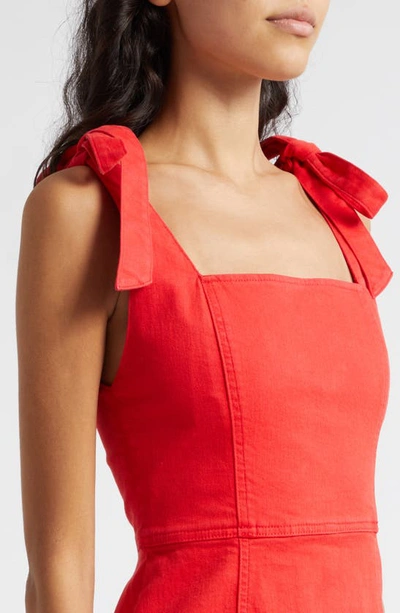 Shop Alice And Olivia Maryann Tie Shoulder Denim Minidress In Bright Ruby