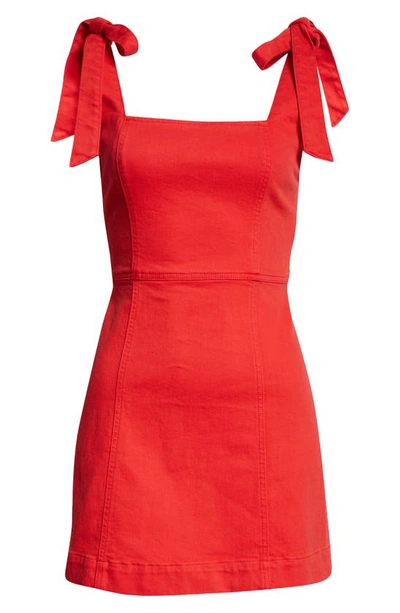 Shop Alice And Olivia Maryann Tie Shoulder Denim Minidress In Bright Ruby