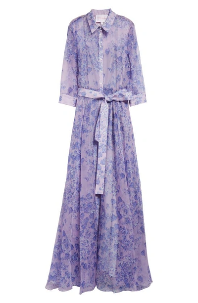 Shop Carolina Herrera Floral Print Button Front Belted Silk Gown In Lilac