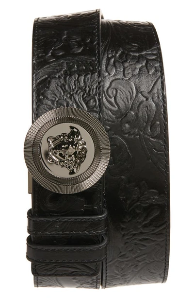 Shop Versace Medusa Biggie Leather Reversible Belt In Denim Multicolor