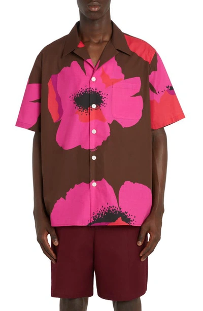 Shop Valentino Floral Print Cotton Camp Shirt In Zvy Tabacco/ Pink Pp