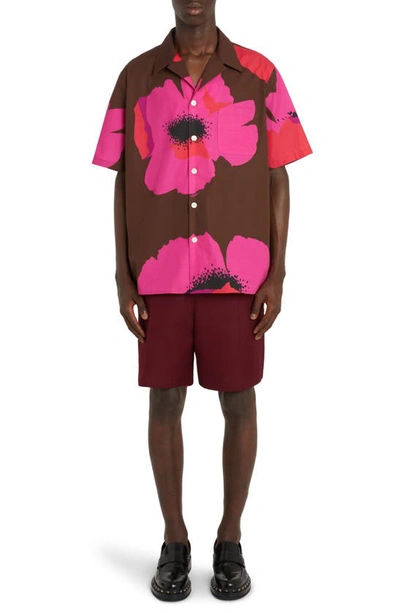 Shop Valentino Floral Print Cotton Camp Shirt In Zvy Tabacco/ Pink Pp