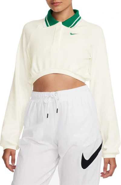 Shop Nike Sportswear Collection Long Sleeve Crop Polo In Sail/ Malachite/ Malachite