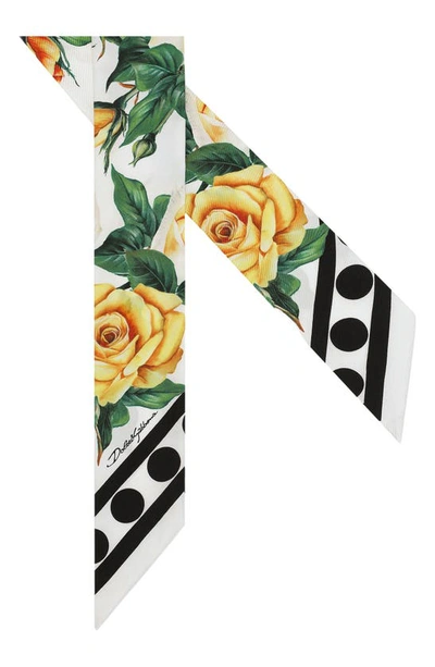Shop Dolce & Gabbana Polka Dot & Floral Print Silk Skinny Scarf In Yellow/ White Print