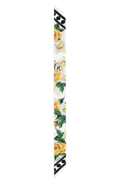 Shop Dolce & Gabbana Polka Dot & Floral Print Silk Skinny Scarf In Yellow/ White Print