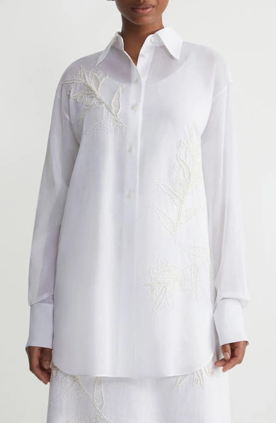 Shop Lafayette 148 Floral Embroidered Oversize Cotton Button-up Shirt In White