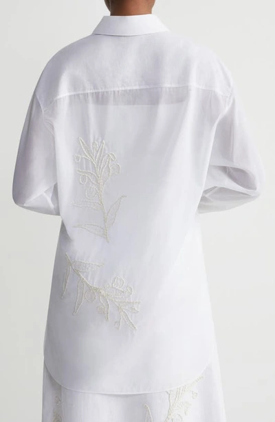 Shop Lafayette 148 Floral Embroidered Oversize Cotton Button-up Shirt In White