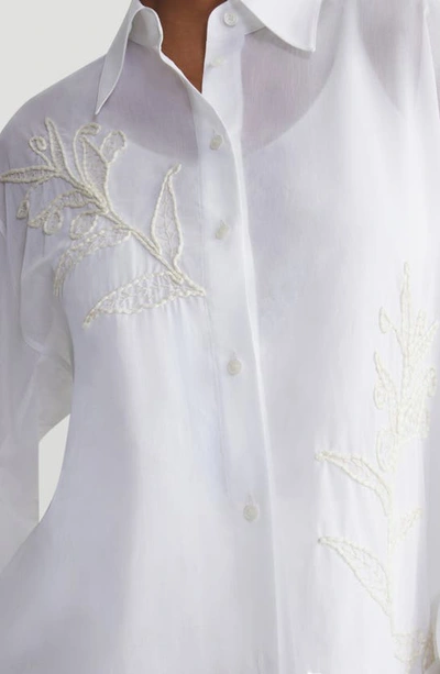Shop Lafayette 148 Floral Embroidered Oversize Cotton Button-up Shirt In White