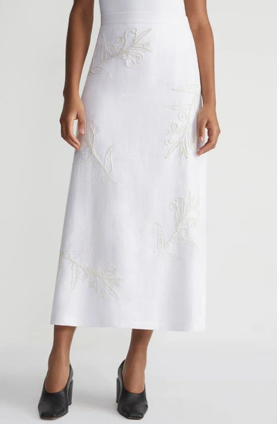 Shop Lafayette 148 Floral Embroidered Linen Midi Skirt In White