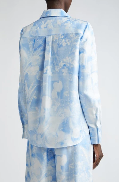Shop Lafayette 148 Scottie Floral Print Silk Twill Button-up Top In Sky Blue Multi