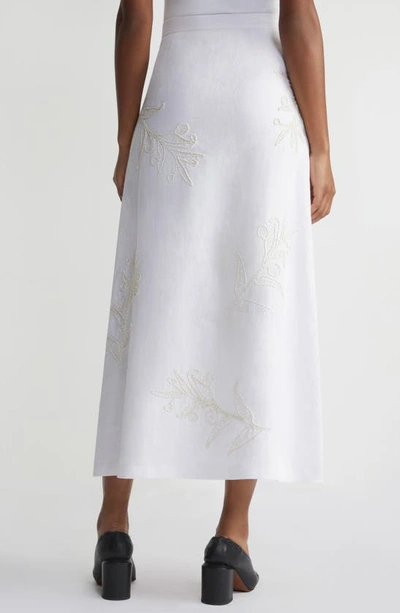 Shop Lafayette 148 Floral Embroidered Linen Midi Skirt In White