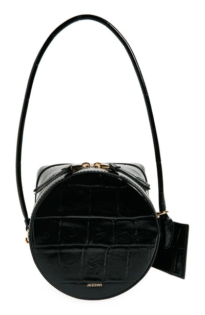 Shop Jacquemus Le Vanito Circular & Square Croc Embossed Leather Shoulder Bag In Black