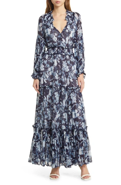 Shop Rails Frederica Floral Tiered Long Sleeve Maxi Dress In Indigo Blossoms